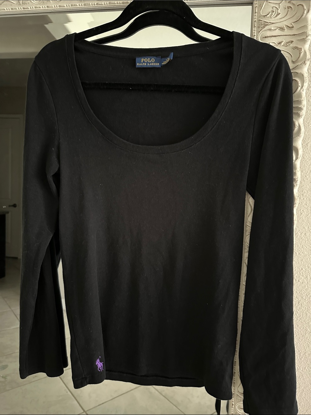 Polo by Ralph Lauren Black Long-Sleeve Scoop Neck Top with Purple Logo